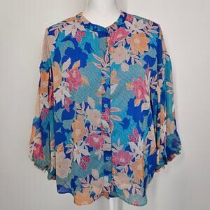 Fate Boho 3/4 Balloon Sleeves Floral Blue Orange‎ Multi Blouse Top Size Medium